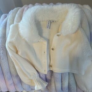 Janie and Jack Cream Faux Fur Collar Cardigan